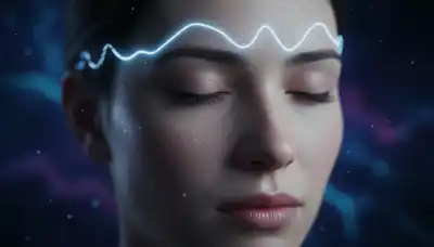 Extreme close-up macro shot of a human face with eyes gently closed in deep meditation. Subtle, soft glowing light waves, representing Theta brain frequencies, gently overlay the forehead area. Deep dark background with bioluminescent blue and purple tones, highly realistic.
