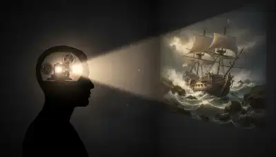 Conceptual photorealistic image of a human mind at work. The scene shows a person's silhouette illuminated by the light of a vintage cinematic film projector coming from within their own head. The light projects a vivid, historical scene of an 18th-century shipwreck onto a dark wall. Dramatic lighting, conveying the concept of cryptomnesia.