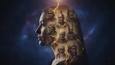 A beautiful, photorealistic double exposure portrait of a modern woman looking peacefully forward. Overlaid within her silhouette are translucent, faded images of diverse ancient ancestors from different eras. Subtle, glowing golden DNA strands interconnect the figures. Ethereal, deeply spiritual and scientific.