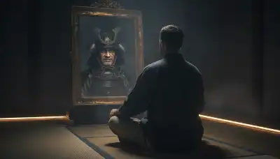An intense, photorealistic visual of a modern man sitting in a meditative posture in a dimly lit room, facing a large antique mirror. In the reflection, instead of his own face, he sees the noble, weathered face of an ancient Japanese samurai warrior. Soft ambient lighting, cinematic contrast, profound psychological atmosphere.