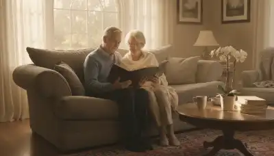 Photorealistic scene of a mature couple reading books in a sunlit, cozy living room. They are sitting comfortably near each other, sharing a peaceful and serene silence. Warm golden hour light streaming through the window, highlighting a sense of genuine love, emotional regulation, and safety. High resolution, 8k.