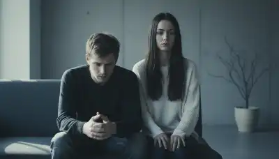 Photorealistic image of a young couple sitting on a modern sofa, physically close but emotionally distant. The man is looking down, holding his hands nervously, while the woman stares blankly ahead. Cold, moody color palette, soft natural light coming from a side window, emphasizing isolation and familiar pain within a relationship, highly detailed.