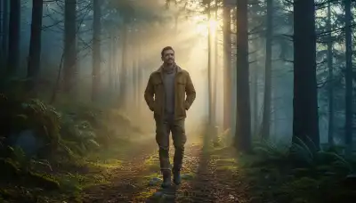 Photorealistic image of a man walking alone on a quiet, misty forest path at dawn. The morning light breaks through the trees, illuminating his relaxed and peaceful expression. The scene represents personal healing, breaking trauma bonds, and emotional independence. Rich green and gold tones, cinematic composition, breathtaking nature photography.