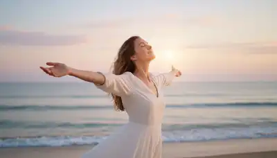 Photorealistic portrait of a woman standing by the ocean at sunrise, smiling gently with her eyes closed, feeling the sea breeze. Her posture is expansive and full of peace, representing self-love, fullness, and completeness without fear of loneliness. Soft pastel colors in the sky, gentle waves, highly detailed, shot with an 85mm lens, ethereal and uplifting mood.