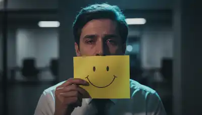 Conceptual yet highly photorealistic portrait of a modern worker looking deeply exhausted, emotionally drained, and stressed. They are holding up a bright yellow paper with a hand-drawn smiley face, covering their mouth, attempting to hide their true emotions. The lighting is dramatic and moody, emphasizing the sharp contrast between the fake smile and their tired, genuine eyes.