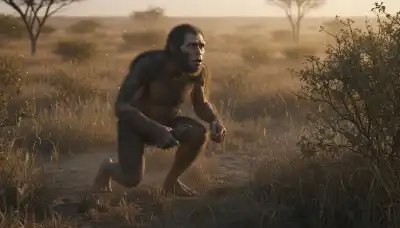 Cinematic photorealistic shot of an early human hominid in a dense African savannah during golden hour. The hominid looks tense and anxious, crouching slightly and staring intently at a rustling bush in the background. High detail, hyper-realistic, conveying a strong sense of primal survival instinct, caution, and biological evolution.