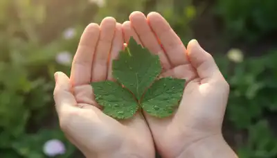 A photorealistic macro shot of a person's hands gently holding a perfect, dew-covered green leaf in a peaceful garden, illuminated by soft morning sunlight. The image conveys pure sensory observation, mindfulness, and the direct physical experience of nature without mental labels. Ultra-detailed, 8k, serene and grounding atmosphere.