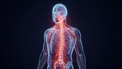 A photorealistic and highly detailed visualization of the human nervous system glowing inside a subtle human silhouette. The vagus nerve is highlighted in glowing, stressful red and orange tones, visualizing the physical burden of mental noise and stress on the parasympathetic system. Dark background, scientific but artistic 3D render style, 8k resolution.