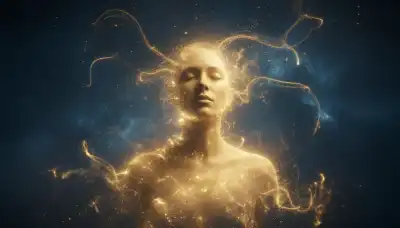 A surreal but photorealistic portrait of a serene person whose edges seem to gently dissolve into pure, glowing golden light particles against a calm, dark cosmic background. The image represents the dissolution of the ego and the end of linguistically constructed problems, evoking a sense of vastness and deep inner peace. Ethereal, highly detailed, 8k.