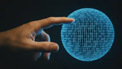 A photorealistic close-up of a human hand gently touching a floating, glowing digital sphere made of luminous binary code. The human hand shows visible, realistic skin texture, subtle wrinkles, and organic warmth, sharply contrasting with the cold, sterile blue light of the digital data. Dark background, dramatic macro photography emphasizing the gap between human physical reality and synthetic processing.