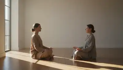 A photorealistic wide shot of two people sitting facing each other in quiet meditation inside a sunlit, minimal room. Shafts of warm morning light filter through a nearby window, illuminating dust motes floating in the air. The atmosphere feels incredibly peaceful, organic, and still. The somatic presence and silent connection between the two humans are palpable. 8k resolution, documentary photography style.