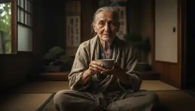 A photorealistic, highly detailed portrait of an elderly human spiritual teacher. They have deep, expressive wrinkles, kind but piercing eyes, and wear simple, worn linen robes. They are sitting in a dimly lit, traditional wooden room with a cup of hot tea emitting delicate steam. The lighting creates a chiaroscuro effect, highlighting the raw authenticity, vulnerability, and lived experience on their face.