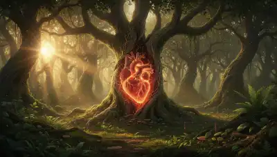 A photorealistic, emotionally evocative image of a glowing, vibrant human heart subtly integrated into a lush, green, ancient forest landscape at sunset. There are no digital or technological elements; the scene purely emphasizes organic life, biological warmth, and natural blooming. Warm golden hour lighting filtering through ancient tree branches, highly cinematic, conveying infinite compassion and human resilience.