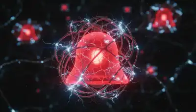 Close-up macro photography of a conceptual red glowing alarm bell trapped inside a dense, hyperactive neural network, sparking synapses with high tension. Cinematic lighting, photorealistic, dramatic contrast between dark shadows and intense red alert lights.