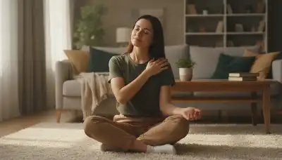A person sitting comfortably on a cozy living room floor, practicing mindfulness. They are gently resting a hand on their shoulder with a calm, curious, and fearless expression. Soft, warm natural light from a nearby window, photorealistic, serene and safe atmosphere.