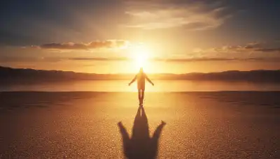 A person confidently walking forward towards a bright, beautiful sunlit horizon, leaving a dark shadow behind them. Symbolizing freedom from chronic pain, physical and mental liberation. Cinematic, photorealistic, warm golden hour sunset lighting, inspiring and uplifting.