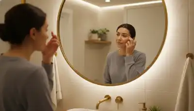 A photorealistic image of a person standing in front of a mirror in a modern, warm bathroom, looking at their reflection with a gentle, self-compassionate expression while lightly tapping the side of their eye with two fingers. Soft, flattering bathroom lighting, an authentic and relatable moment of self-care and emotional processing.