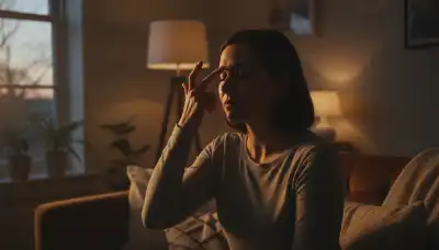 A photorealistic image of a person sitting on a comfortable sofa in a dimly lit room, gently tapping the space between their eyebrows (the third eye point) with two fingers. Moody but warm twilight lighting coming from a nearby window, conveying introspection, acknowledging difficult emotions, and finding deep emotional release. Cinematic and intimate.
