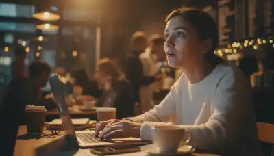 A hyper-realistic close-up of a person sitting in a busy, slightly blurred coffee shop. They are looking up from their laptop with a sudden expression of realization and sharp focus, as if they just overheard a crucial piece of information. Warm cinematic lighting, highlighting the spark of an idea and active awareness.