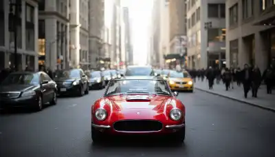 A photorealistic street scene from a first-person perspective on a bustling city avenue. The street is filled with various grey, black, and muted tone vehicles slightly out of focus, while a single, striking, vibrant red car is sharply in focus in the foreground. High depth of field, bright daylight, illustrating selective attention perfectly.