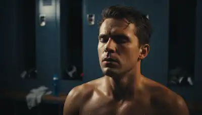 Photorealistic portrait of a highly focused athlete in a dim locker room before a competition. Their eyes are closed, visibly breathing deeply, sweating slightly, deeply visualizing the physical effort, friction, and process of the race, not just the victory. Dramatic shadows, moody and intense sports photography, 8k.