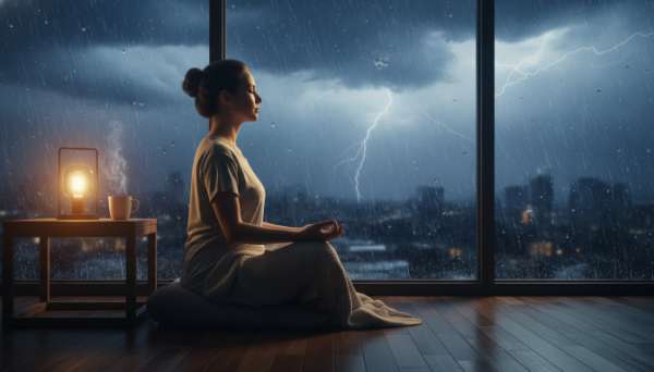 A hyper-realistic shot of a person sitting peacefully in meditation near a large window, while a fierce rainstorm rages outside. Soft, warm indoor lighting from a small lamp contrasts with the cool, dark tones of the storm. The person's face is completely calm and centered, embodying deep mental resilience. Cinematic photography.