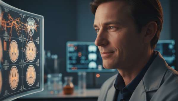 Photorealistic portrait of a serene, focused scientist in a modern research room, looking thoughtfully at fMRI brain scans on a high-tech glowing monitor. Warm lighting highlights a subtle smile of discovery, beautifully combining the elements of advanced neuroscientific technology and deep human empathy. 8k, highly detailed.