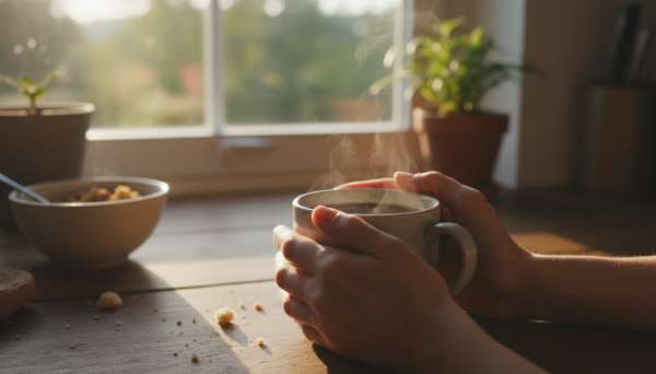 Photorealistic close-up of a person's hands gently holding a warm cup of coffee in the morning sun. The background is slightly blurred but reveals a cozy everyday kitchen. A beautiful golden hour glow illuminates the steam rising from the cup, capturing a moment of genuine gratitude, perspective, and mindfulness in everyday life.