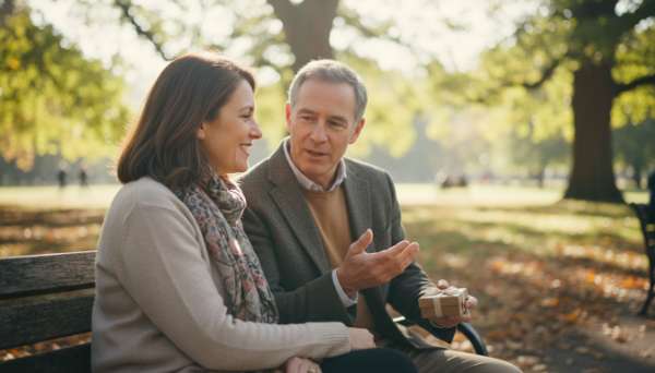 A highly detailed, realistic photograph of a candid, joyful interaction between two people on a park bench. One person is listening intently with a warm, genuine smile to the other. Bright natural daylight, soft depth of field (bokeh effect in the background), highlighting the emotional connection and the quiet joy of human generosity.