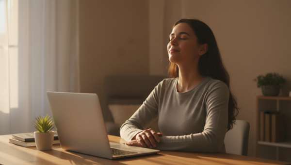 Photorealistic image of a person pausing at their desk, eyes gently closed, taking a mindful breath with a soft smile before opening their laptop. The desk has a small green plant and natural light streaming in from a side window. The atmosphere is calm and restorative, representing the creation of healthy neural habits during a normal day.