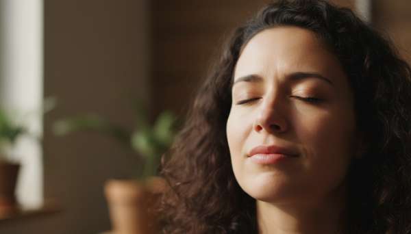 Close-up of a woman's face, eyes gently closed, taking a deep breath in a moment of mindful pause. She has a serene but emotionally expressive face, acknowledging her pain without judgment. Soft natural sunlight hitting her face from a nearby window, illuminating her features against a slightly darker background. High-resolution photography, intimate and empathetic.