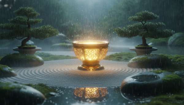 A conceptual photorealistic image of a glowing, golden container or crucible resting in a serene, zen-like garden with rain gently falling around it. The golden light inside represents alchemy and emotional transformation. Deep greens, soft rain, tranquil and mystical atmosphere, highly detailed.