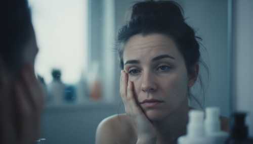 A close-up, highly detailed photorealistic portrait of a stressed woman gently touching her cheek while looking into a bathroom mirror. Her expression is one of concern. The lighting is slightly cool and dramatic, emphasizing subtle skin texture and fatigue, visually representing the internal hormonal chaos and premature aging caused by cortisol.