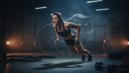 A cinematic, high-contrast photorealistic image of a woman doing intense burpees in a dark, moody gym setting. A subtle, stylized shadow or visual metaphor of a wild predator looms slightly in the background, illustrating the primal brain's "fight or flight" response. Dramatic lighting, conveying a sense of intense physical emergency.