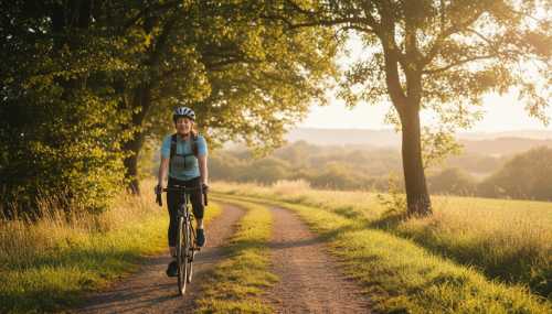 A bright, uplifting photorealistic photo of a healthy woman cycling leisurely on a scenic outdoor path during golden hour. She looks deeply relaxed, breathing easily with a soft smile, embodying the concept of Zone 2 cardio. Warm, natural sunlight filters through the trees, evoking a strong sense of parasympathetic nervous system calm.