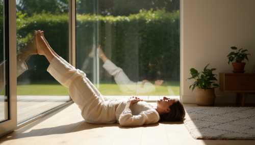 A serene, photorealistic image of a woman lying on her back on a light wooden floor in a cozy, sunlit living room. Her legs are resting upwards against a clear wall in a restorative yoga pose. She has one hand softly placed on her heart and the other on her lower stomach. Peaceful expression, bright natural daylight, conveying deep nervous system recovery.