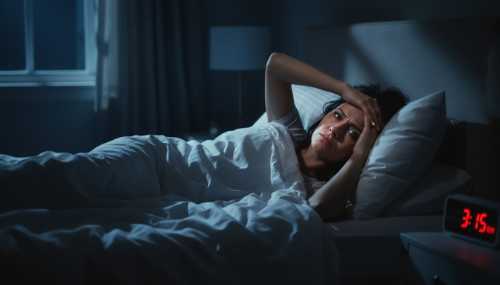 A photorealistic image of a woman lying in bed in the middle of the night, looking wide awake and deeply frustrated. The room is dark, illuminated only by the faint blue moonlight coming through the window and the red glow of a digital alarm clock showing 3:15 AM. Her eyes illustrate the "wired and tired" feeling of high nighttime cortisol.