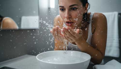 A close-up, photorealistic shot of a person splashing ice-cold water onto their face from a sleek ceramic bowl. Droplets of water suspended mid-air, capturing a look of sudden physiological reset and clarity on their face. Well-lit bathroom setting, crisp details, high resolution macro photography.