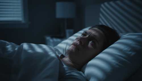 A photorealistic close-up of a person lying in bed awake, staring at the ceiling, illuminated by the faint moonlight coming through the blinds, eyes wide open. The room is dark with cool blue tones, highlighting the physical exhaustion and tension in the person's face from a dysregulated nervous system.