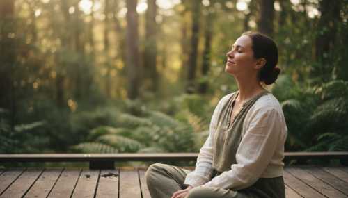 A serene, photorealistic portrait of a person sitting peacefully outdoors on a wooden deck, taking a deep, relaxed breath, eyes gently closed, shoulders visibly dropped in relaxation. Soft natural light, lush green nature blurred in the background, conveying deep parasympathetic calm and true embodied mindfulness.