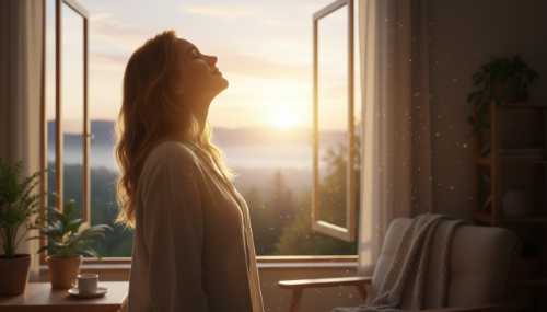 A beautiful, warm photorealistic image of a person standing by a large open window in the early morning, bathing their face in golden hour sunlight. Soft, comforting morning glow, peaceful expression, signaling deep biological safety to the nervous system. Natural morning light, highly detailed.