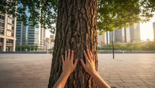 A high-quality photorealistic image of a person's hands gently touching the rough, deeply textured bark of an ancient, majestic tree. The tree is located in the middle of a paved urban square. Warm golden hour light highlights the details of the bark and the green leaves, with modern city buildings softly blurred in the distant background.
