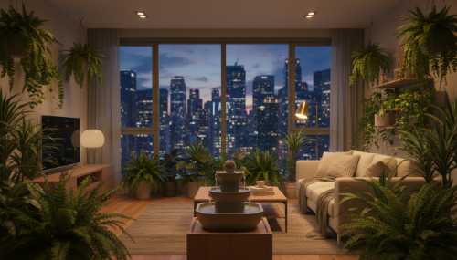 A photorealistic image of a cozy, modern apartment interior completely filled with vibrant indoor plants, ferns, and a small zen water fountain. Warm, soft indoor lighting creates a relaxing sanctuary. Outside the large window, a twilight cityscape with glowing city lights is visible. A perfect blend of urban life and a domestic natural oasis.