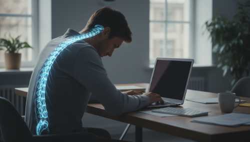 Detailed photorealistic image of an individual sitting at a modern desk, slumped forward toward a laptop screen. A subtle, elegant glowing anatomical overlay highlights the cervical spine and the path of the vagus nerve in soft blue tones, visually connecting physical posture to the nervous system. Cinematic lighting, highly realistic, 8k.