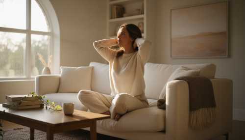 Photorealistic image of a serene woman sitting comfortably in a brightly lit, cozy living room. Her hands are softly intertwined behind the base of her neck, gently supporting her head, while she looks calmly to the side. Sunlight streams through a nearby window, creating a warm, safe, and relaxing atmosphere. Natural lighting, shallow depth of field.