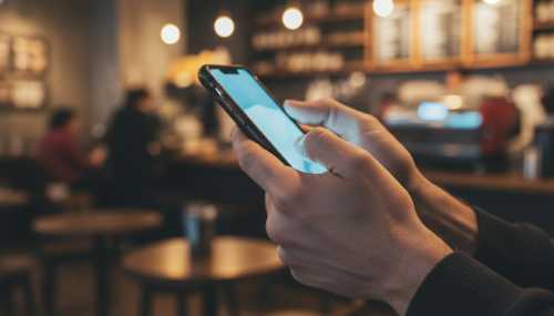 Extreme close-up of a person's hands tightly gripping a smartphone. The knuckles are slightly white from tension, showing the strain in the tendons of the wrist and forearm. The background is a soft, beautifully blurred coffee shop setting, emphasizing the digital anxiety and the inability to let go. Macro photography, realistic textures, 8k.