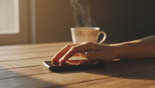 A cinematic, warm, and inviting close-up of a person's hand resting gently and mindfully over a smartphone that is lying flat on a rustic wooden table. The hand looks relaxed, symbolizing a intentional pause and mindful disconnection. A steaming cup of herbal tea sits in the softly blurred background. Golden hour lighting, grounding mood, 8k.