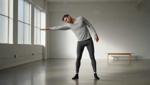 Full-body photorealistic shot of a man standing in a spacious, minimalist studio performing a somatic stretching exercise. He has his right arm extended out to the side with the palm facing down, while gently tilting his head toward his left shoulder. He wears comfortable athleisure clothing. Soft, natural morning light, peaceful and focused atmosphere.