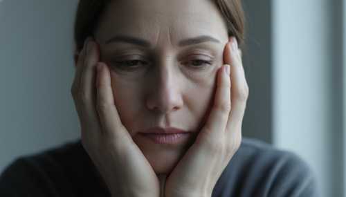 Photorealistic close-up portrait of a middle-aged woman sitting near a window on an overcast day. Her hands are gently resting on her face, displaying a subtle expression of emotional exhaustion and inner tension. Natural, muted daylight highlighting the fatigue in her posture, cool tones, realistic skin textures, deeply evocative of anticipatory grief and anxiety.