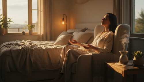 A serene, photorealistic scene of a cozy, warmly lit bedroom during the golden hour. A person is sitting calmly in a comfortable chair next to a bed, their eyes gently closed in a state of deep meditation and silent presence. The ambient light filtering through the window creates a sense of profound spiritual peace and intimate connection. High cinematic quality.